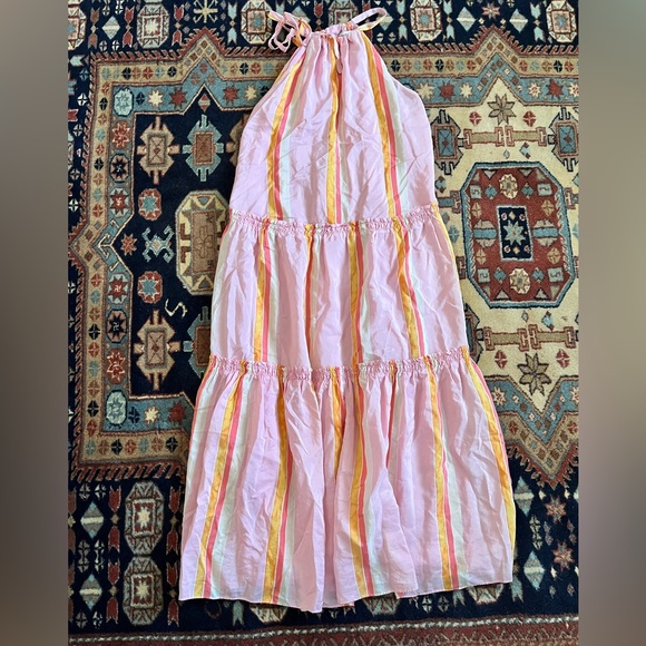 Club Monaco Silk Amirra midi dress striped pink orange tent high neck tie 4 - Picture 2 of 10